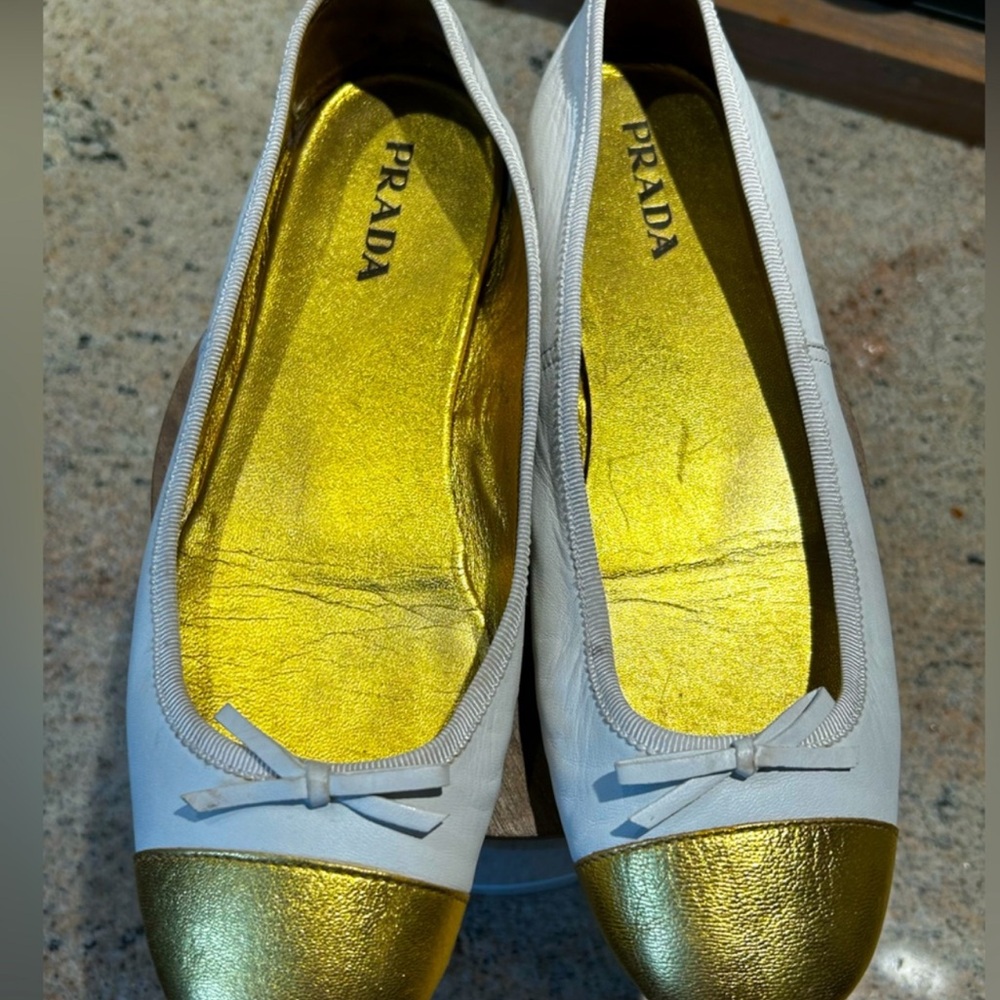Prada White with Gold Toe Ballet Flats